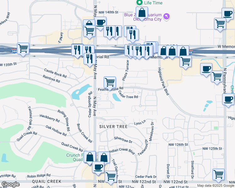 map of restaurants, bars, coffee shops, grocery stores, and more near 2632 Cedar Tree Road in Oklahoma City
