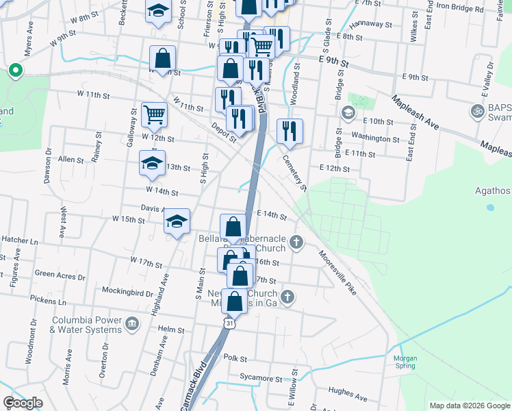 map of restaurants, bars, coffee shops, grocery stores, and more near 201 East 14th Street in Columbia