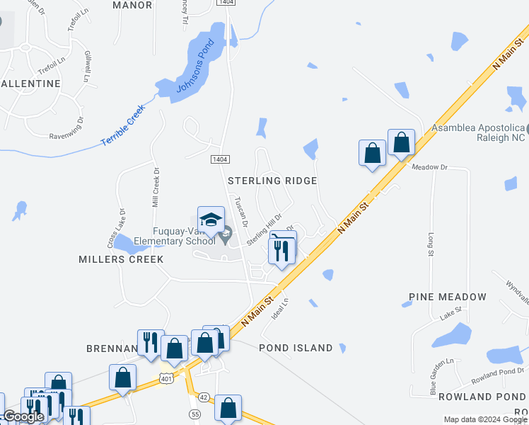 map of restaurants, bars, coffee shops, grocery stores, and more near 1424 Cairo Way in Fuquay-Varina