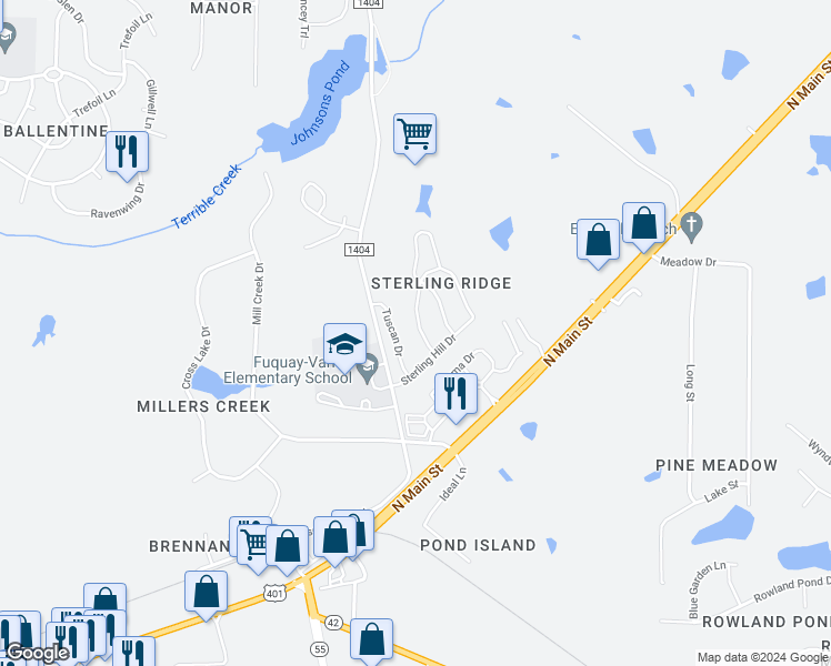 map of restaurants, bars, coffee shops, grocery stores, and more near 1435 Cairo Way in Fuquay-Varina