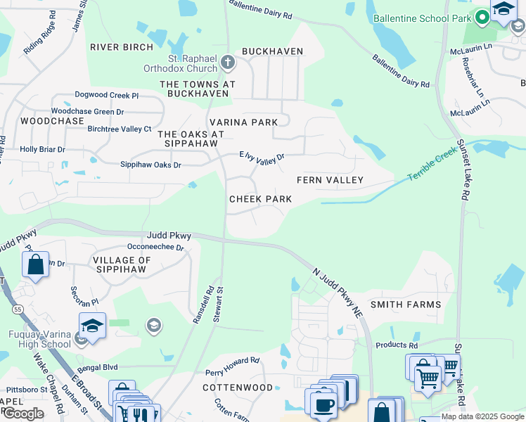 map of restaurants, bars, coffee shops, grocery stores, and more near 806 East Cardinal Drive in Fuquay-Varina