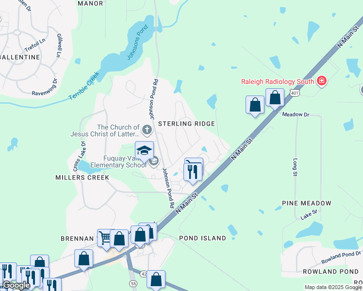 map of restaurants, bars, coffee shops, grocery stores, and more near 1424 Cairo Way in Fuquay-Varina
