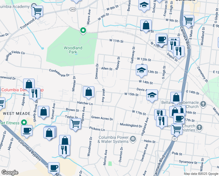 map of restaurants, bars, coffee shops, grocery stores, and more near 520 West 15th Street in Columbia
