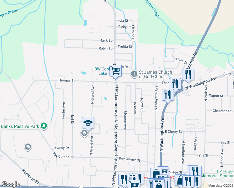 map of restaurants, bars, coffee shops, grocery stores, and more near 1010 North McLemore Avenue in Brownsville