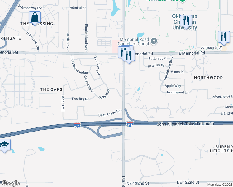 map of restaurants, bars, coffee shops, grocery stores, and more near 1920 Oaks Way in Oklahoma City