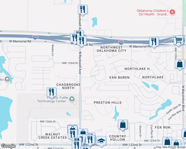 map of restaurants, bars, coffee shops, grocery stores, and more near 6948 Northwest 133rd Terrace in Oklahoma City