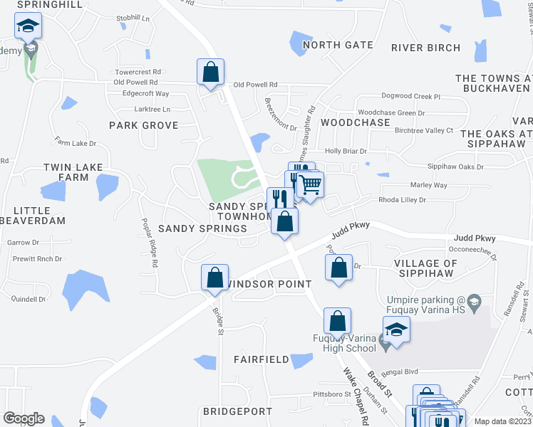 map of restaurants, bars, coffee shops, grocery stores, and more near 1611 Stroll Circle in Fuquay Varina