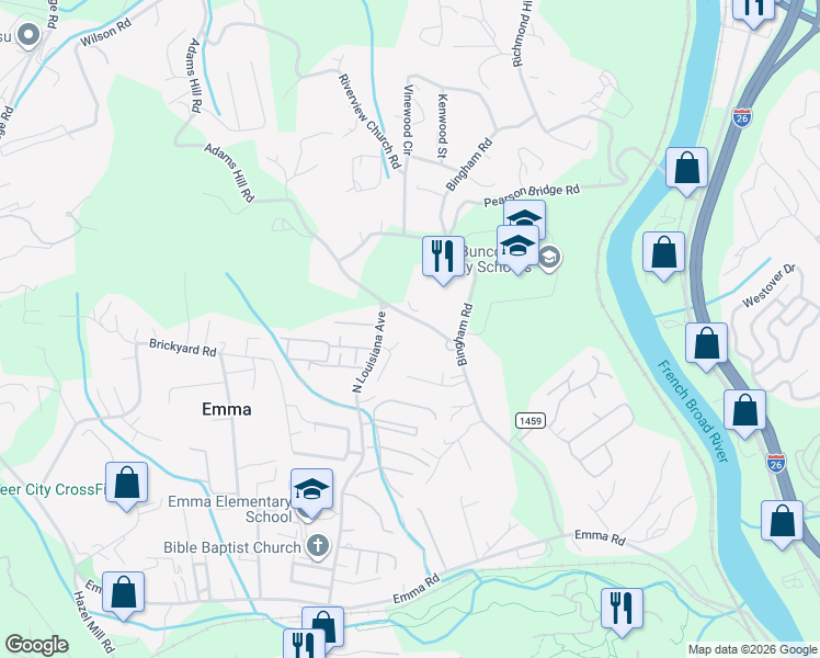 map of restaurants, bars, coffee shops, grocery stores, and more near 26 Adams Hill Road in Asheville