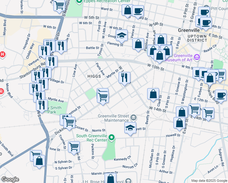 map of restaurants, bars, coffee shops, grocery stores, and more near 104 Manhattan Avenue in Greenville