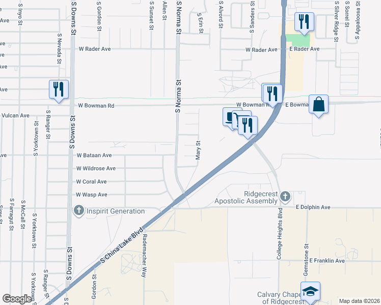 map of restaurants, bars, coffee shops, grocery stores, and more near 409 Christopher Court in Ridgecrest