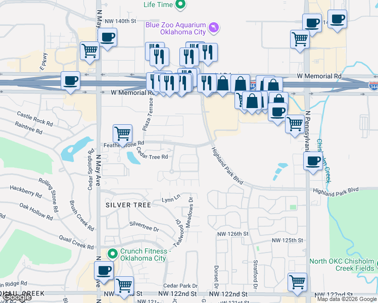 map of restaurants, bars, coffee shops, grocery stores, and more near 2611 Cedar Tree Road in Oklahoma City