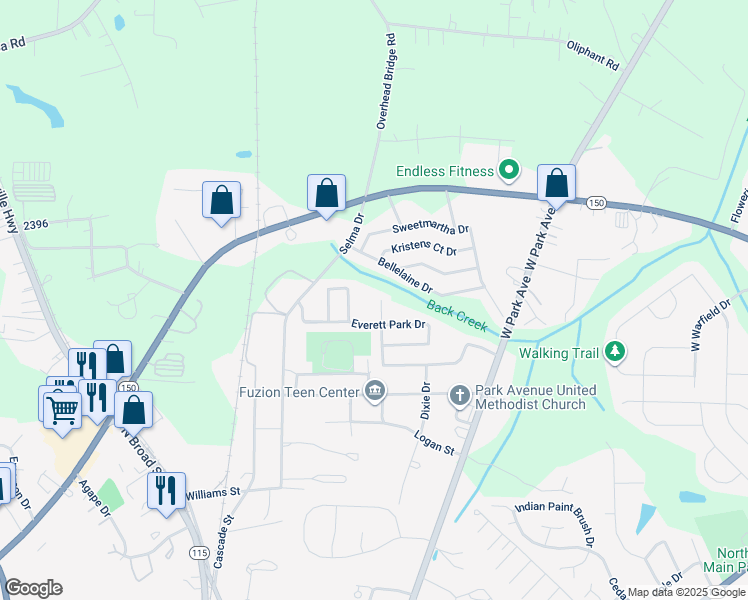 map of restaurants, bars, coffee shops, grocery stores, and more near 215 Devon Forest Drive in Mooresville