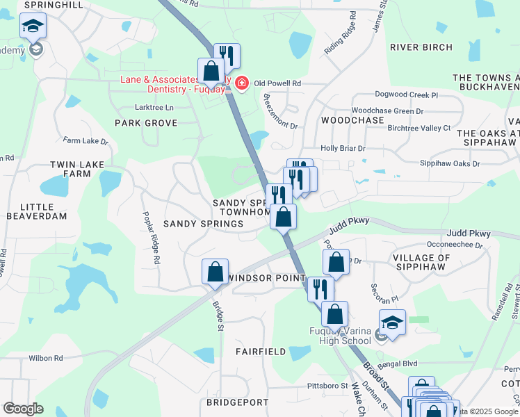 map of restaurants, bars, coffee shops, grocery stores, and more near 105 Promenade Court in Fuquay Varina