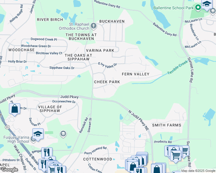 map of restaurants, bars, coffee shops, grocery stores, and more near 806 East Cardinal Drive in Fuquay-Varina