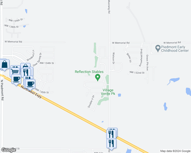 map of restaurants, bars, coffee shops, grocery stores, and more near 11445 Northwest 132nd Terrace in Piedmont