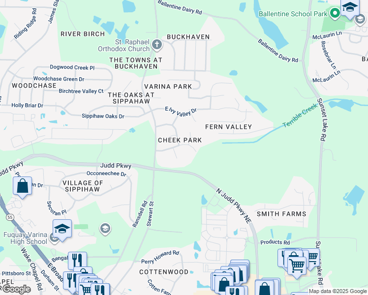 map of restaurants, bars, coffee shops, grocery stores, and more near 808 East Cardinal Drive in Fuquay-Varina