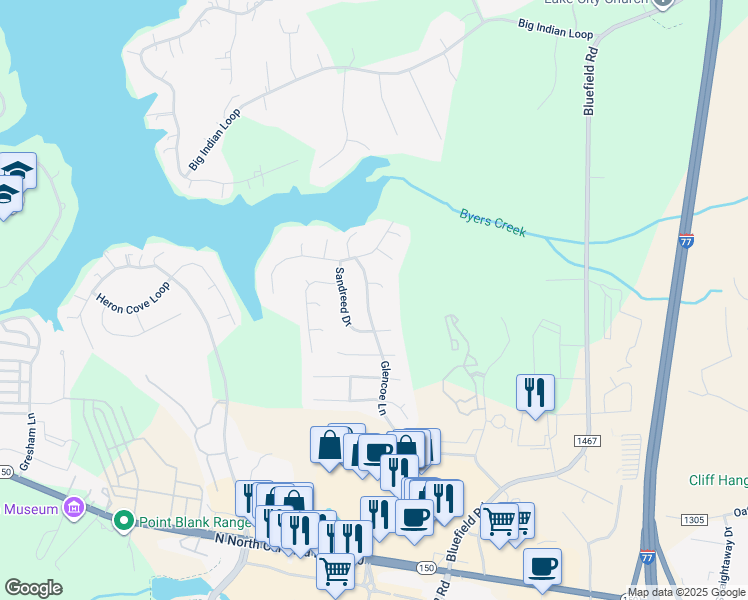map of restaurants, bars, coffee shops, grocery stores, and more near 264 Glencoe Lane in Mooresville