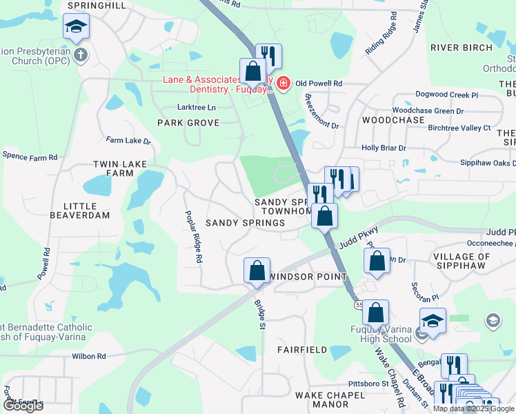 map of restaurants, bars, coffee shops, grocery stores, and more near 1516 Balfour Downs Circle in Fuquay-Varina