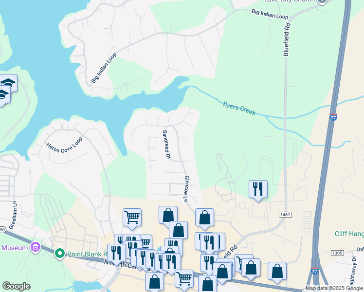 map of restaurants, bars, coffee shops, grocery stores, and more near 264 Glencoe Lane in Mooresville