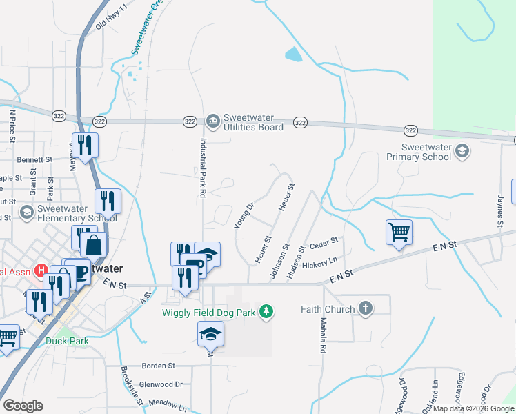 map of restaurants, bars, coffee shops, grocery stores, and more near 208 Young Drive in Sweetwater