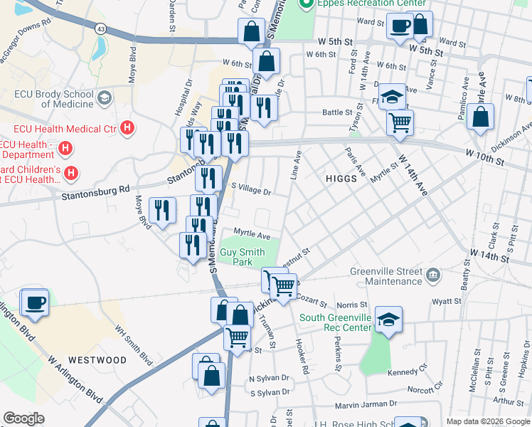 map of restaurants, bars, coffee shops, grocery stores, and more near 300 Clairmont Circle in Greenville