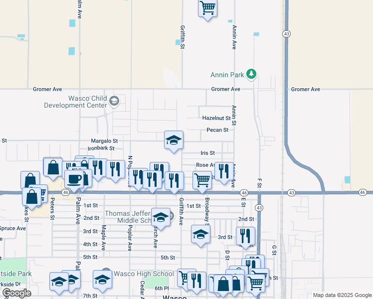 map of restaurants, bars, coffee shops, grocery stores, and more near 1233 Iris Street in Wasco