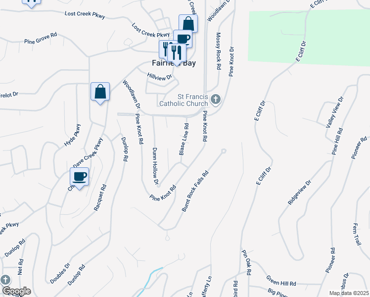 map of restaurants, bars, coffee shops, grocery stores, and more near 135 Blase Line Road in Fairfield Bay