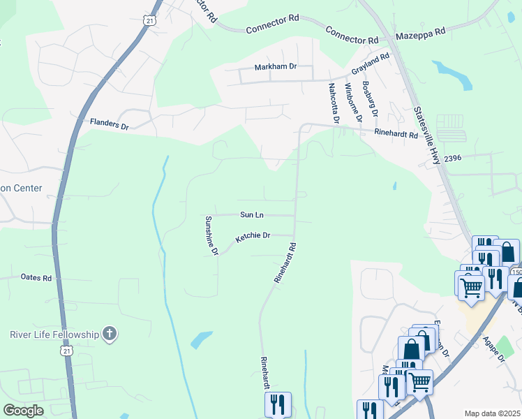 map of restaurants, bars, coffee shops, grocery stores, and more near 130 Sun Lane in Mooresville