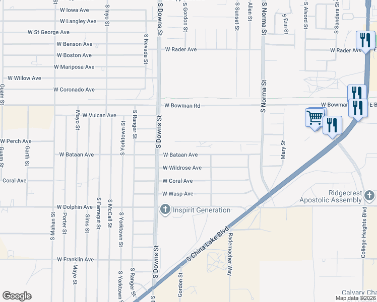 map of restaurants, bars, coffee shops, grocery stores, and more near 742 West Bataan Avenue in Ridgecrest