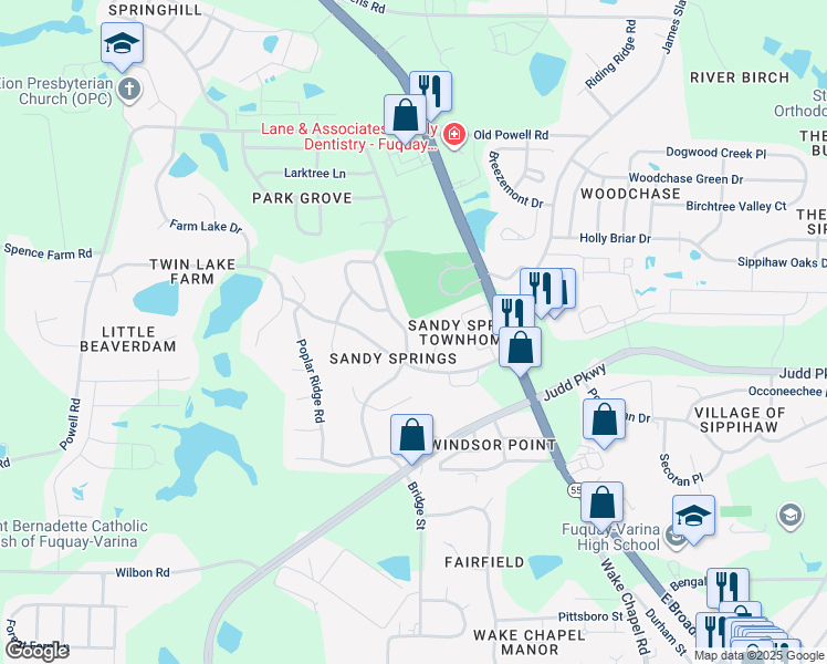 map of restaurants, bars, coffee shops, grocery stores, and more near 1516 Balfour Downs Circle in Fuquay-Varina