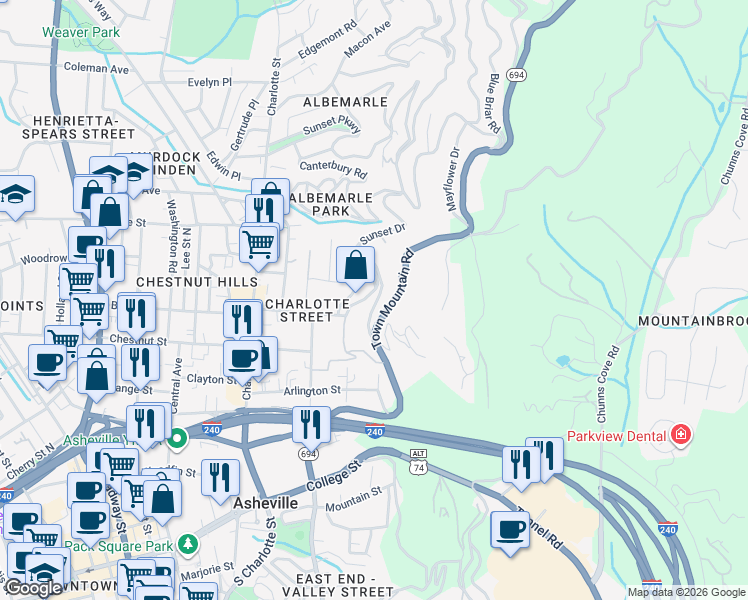 map of restaurants, bars, coffee shops, grocery stores, and more near 21 Skyview Place in Asheville