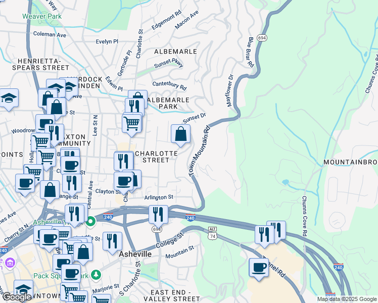 map of restaurants, bars, coffee shops, grocery stores, and more near 21 Skyview Place in Asheville