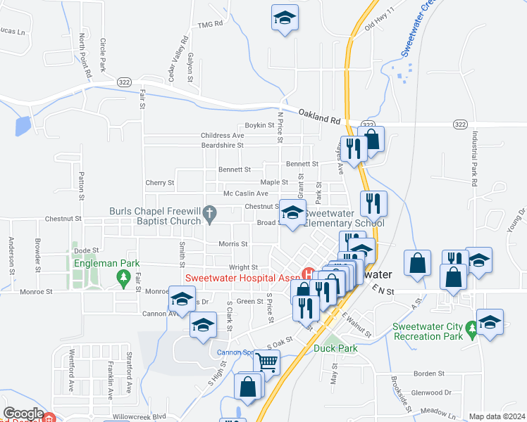 map of restaurants, bars, coffee shops, grocery stores, and more near 413 North Price Street in Sweetwater