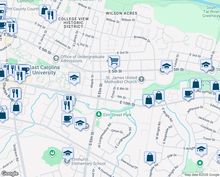 map of restaurants, bars, coffee shops, grocery stores, and more near 612 Ernul Street in Greenville