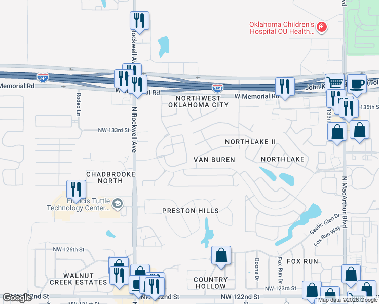 map of restaurants, bars, coffee shops, grocery stores, and more near 13309 Grayson Place in Oklahoma City