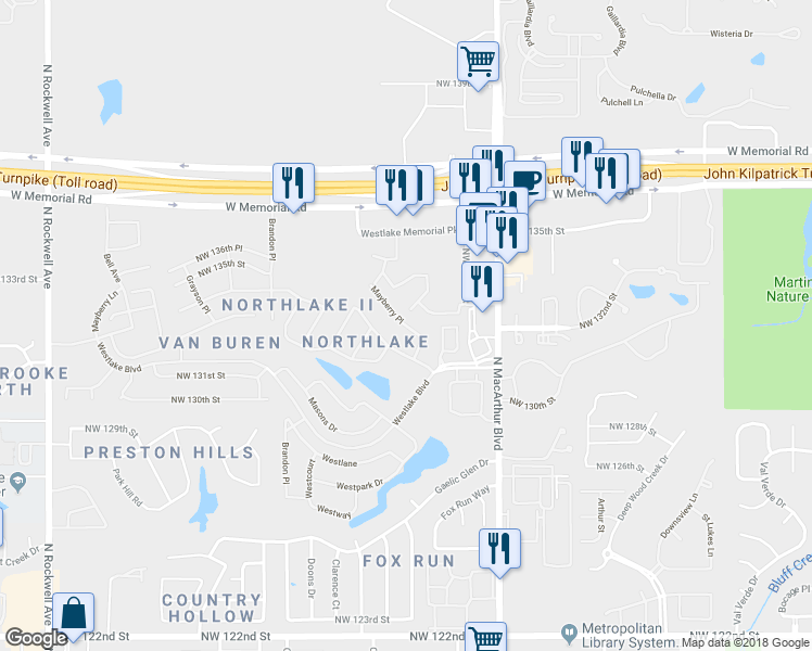 map of restaurants, bars, coffee shops, grocery stores, and more near 13312 Mayberry Place in Oklahoma City