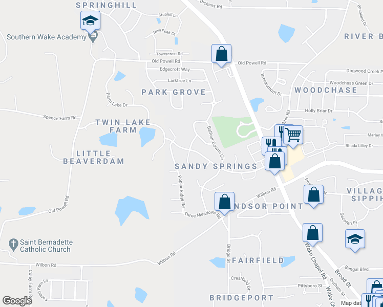 map of restaurants, bars, coffee shops, grocery stores, and more near 1416 Ravensthorpe Drive in Fuquay Varina