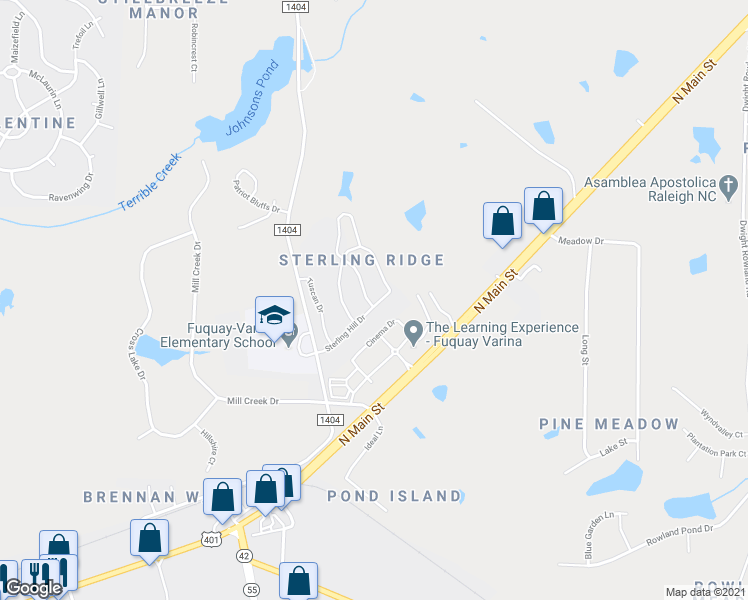 map of restaurants, bars, coffee shops, grocery stores, and more near 2005 Sterling Hill Drive in Fuquay Varina