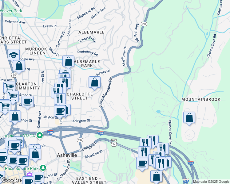 map of restaurants, bars, coffee shops, grocery stores, and more near Town Mountain Road in Asheville