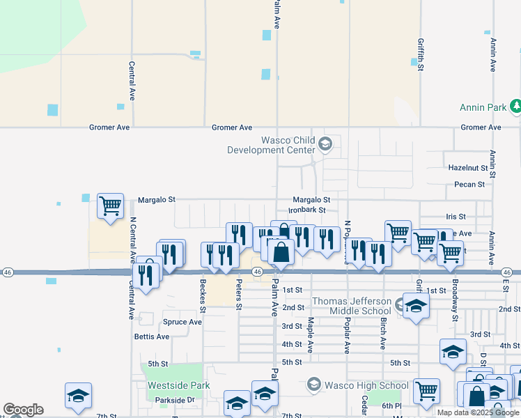 map of restaurants, bars, coffee shops, grocery stores, and more near 302 Goldspire Court in Wasco