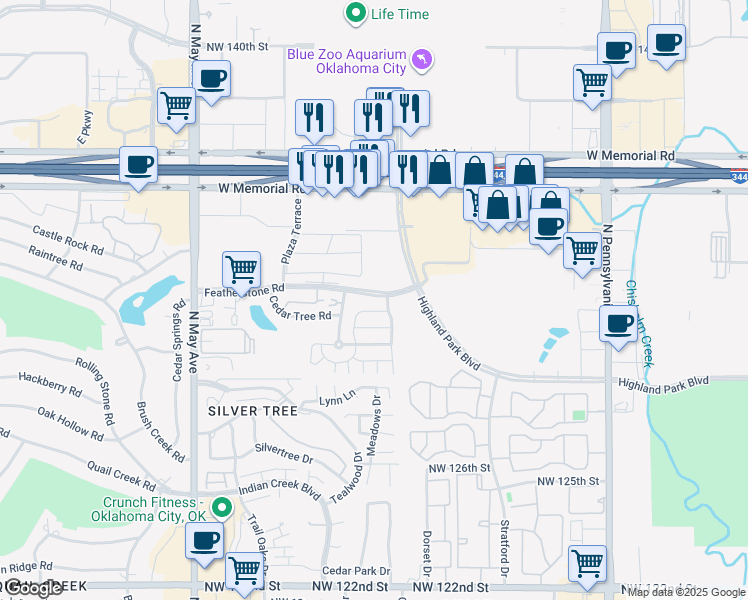 map of restaurants, bars, coffee shops, grocery stores, and more near 2611 Cedar Tree Road in Oklahoma City