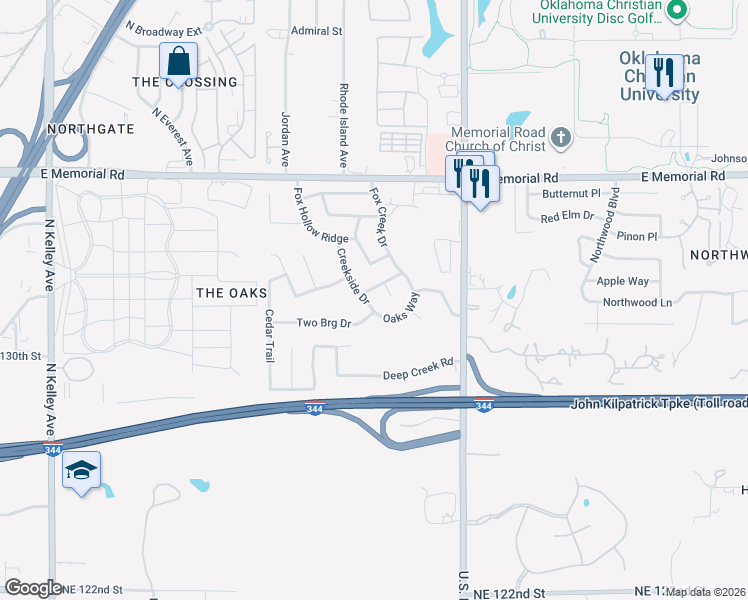 map of restaurants, bars, coffee shops, grocery stores, and more near 13308 Creekside Drive in Oklahoma City