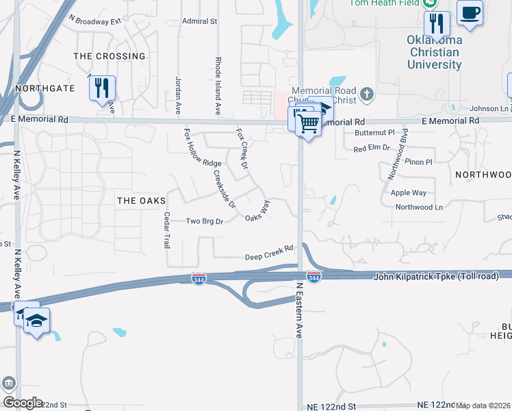 map of restaurants, bars, coffee shops, grocery stores, and more near 1820 Oaks Way in Oklahoma City
