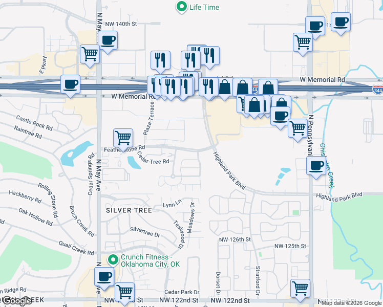map of restaurants, bars, coffee shops, grocery stores, and more near 2611 Cedar Tree Road in Oklahoma City
