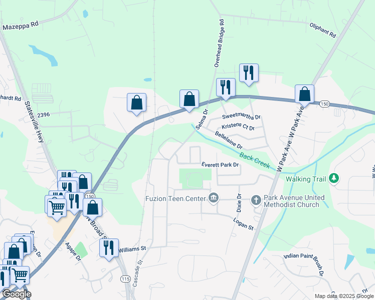 map of restaurants, bars, coffee shops, grocery stores, and more near 111 Sterling Terrace Drive in Mooresville