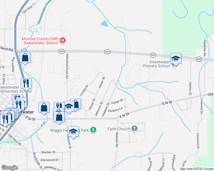 map of restaurants, bars, coffee shops, grocery stores, and more near 723 Johnson Street in Sweetwater