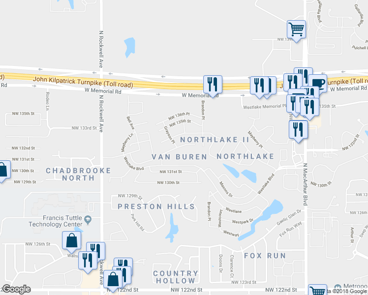 map of restaurants, bars, coffee shops, grocery stores, and more near 6608 Northwest 133rd Street in Oklahoma City