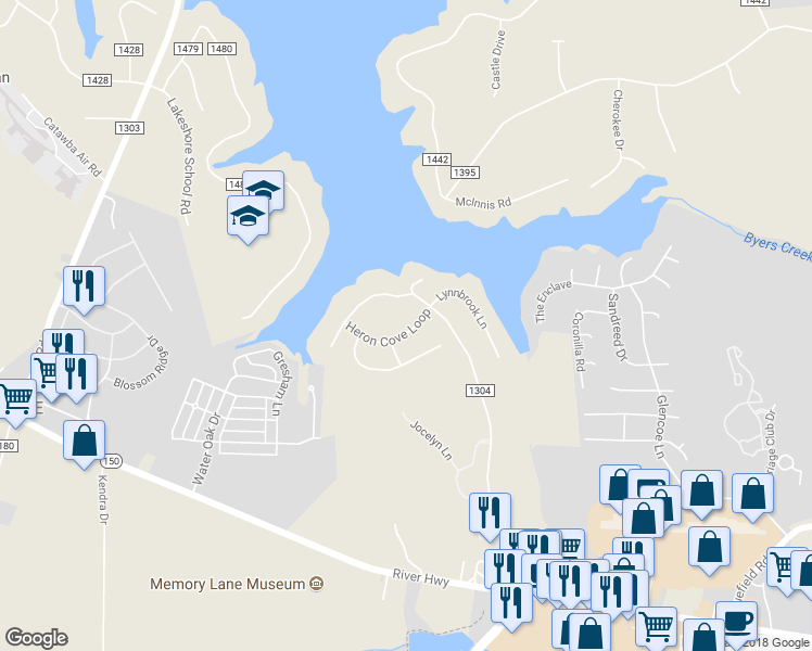 map of restaurants, bars, coffee shops, grocery stores, and more near 114 Heron Cove Loop in Mooresville
