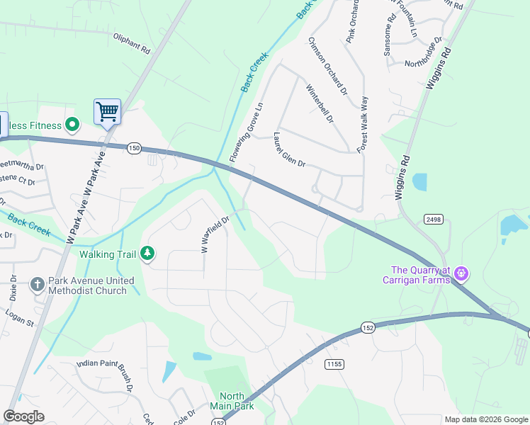 map of restaurants, bars, coffee shops, grocery stores, and more near 125 East Warfield Drive in Mooresville