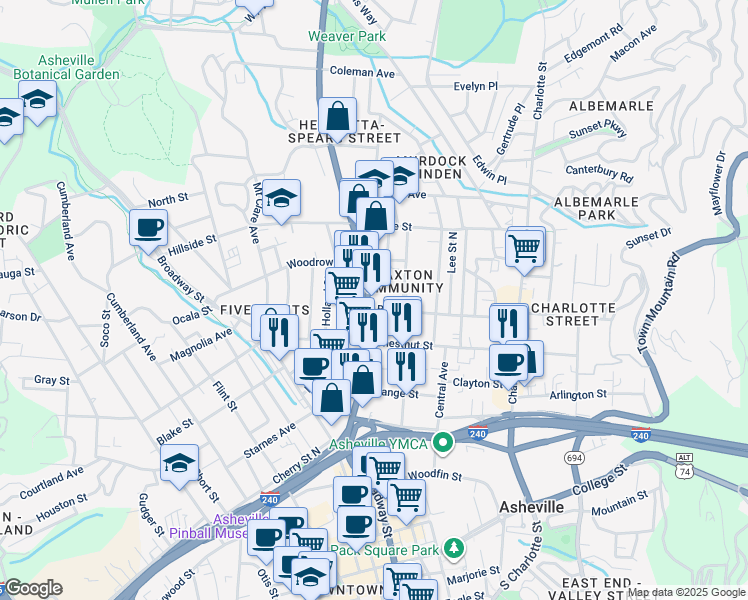 map of restaurants, bars, coffee shops, grocery stores, and more near 165 U.S. 25 in Asheville